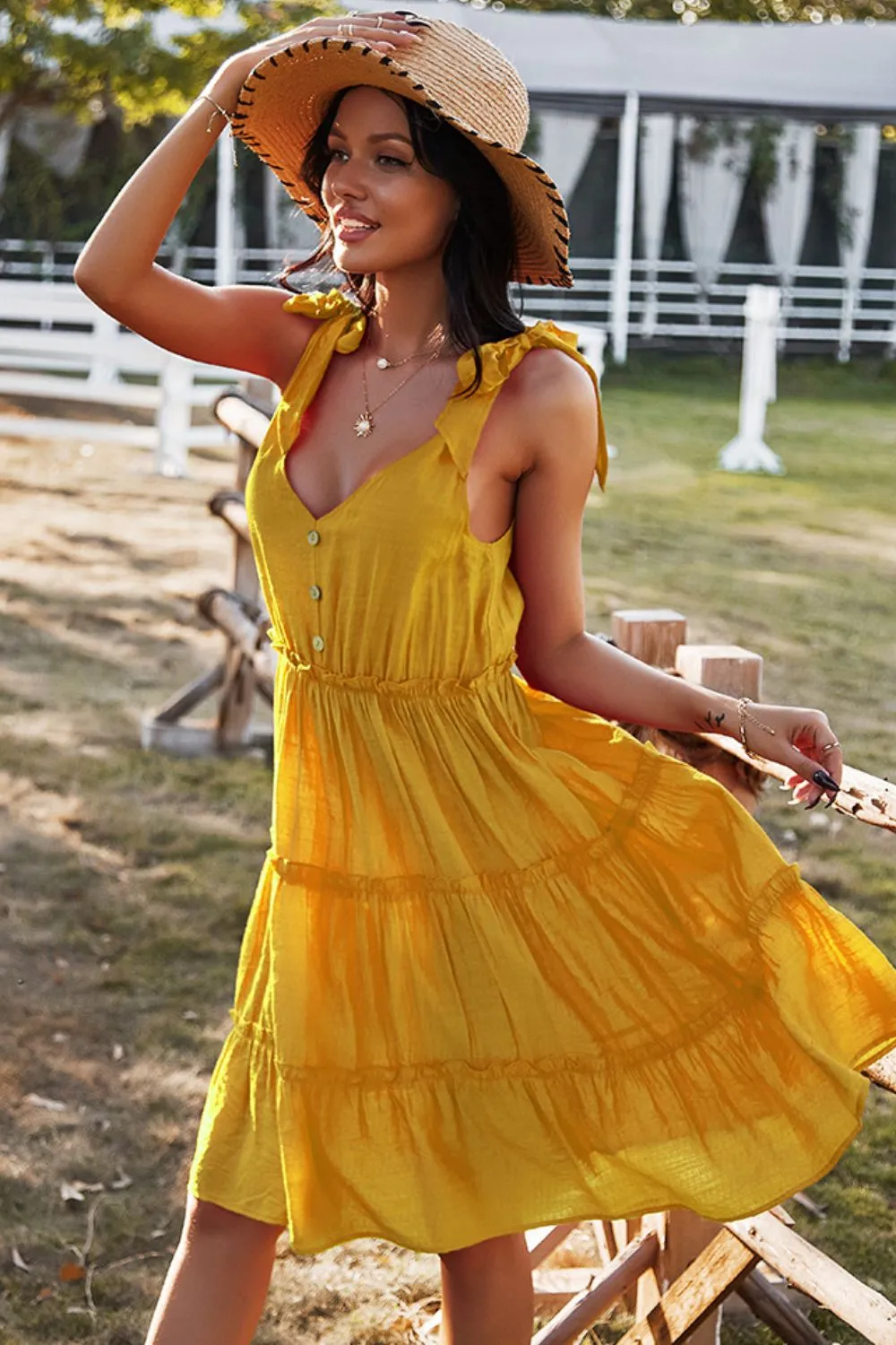 *APP EXCLUSIVE* Tie Shoulder Decorative Button Vneck Dress