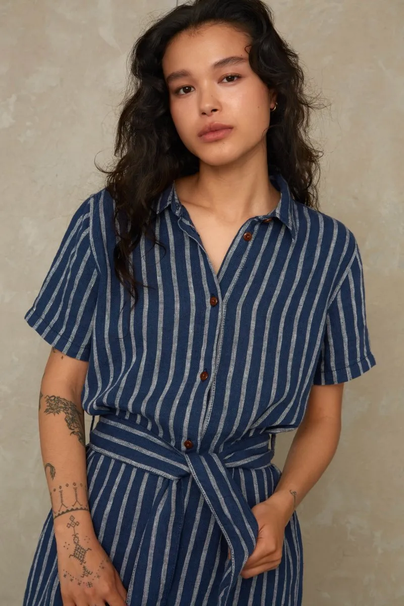 Catrien Dress | Linen Navy Stripe