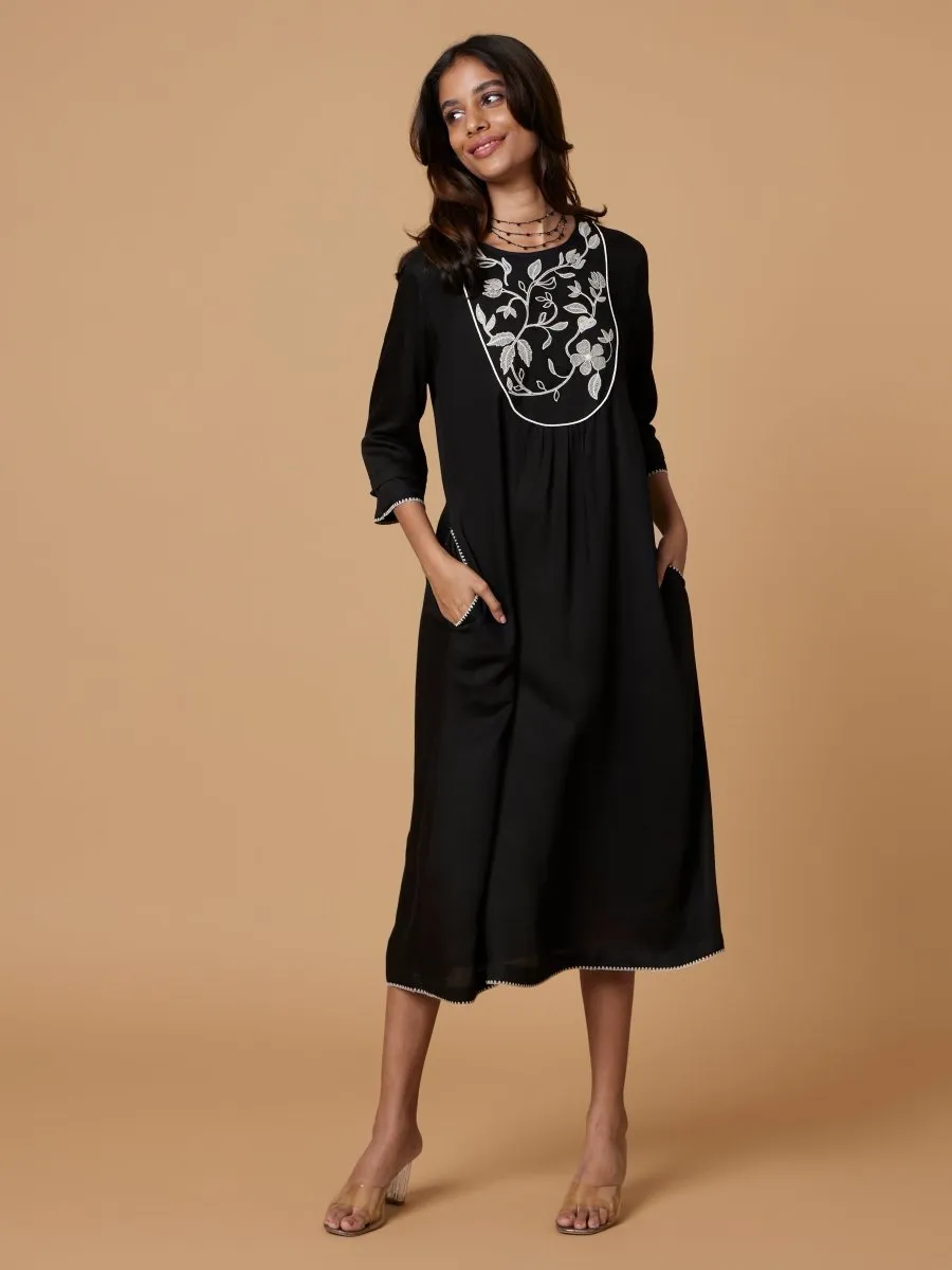 Ecovero Black Yoke Embroidered Dress