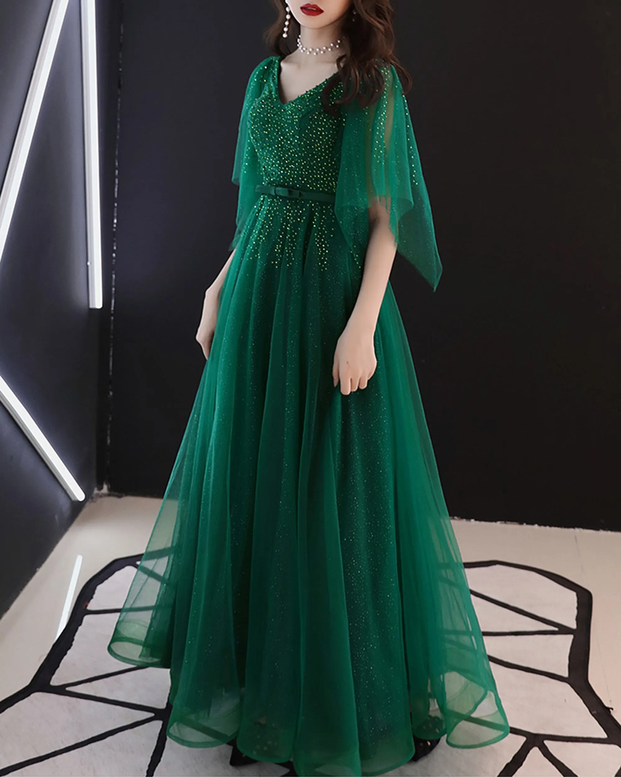 Formal dress, full dress, evening dress, wedding party dress, gown dress, dark green dress, v-neck dress(Q2050)