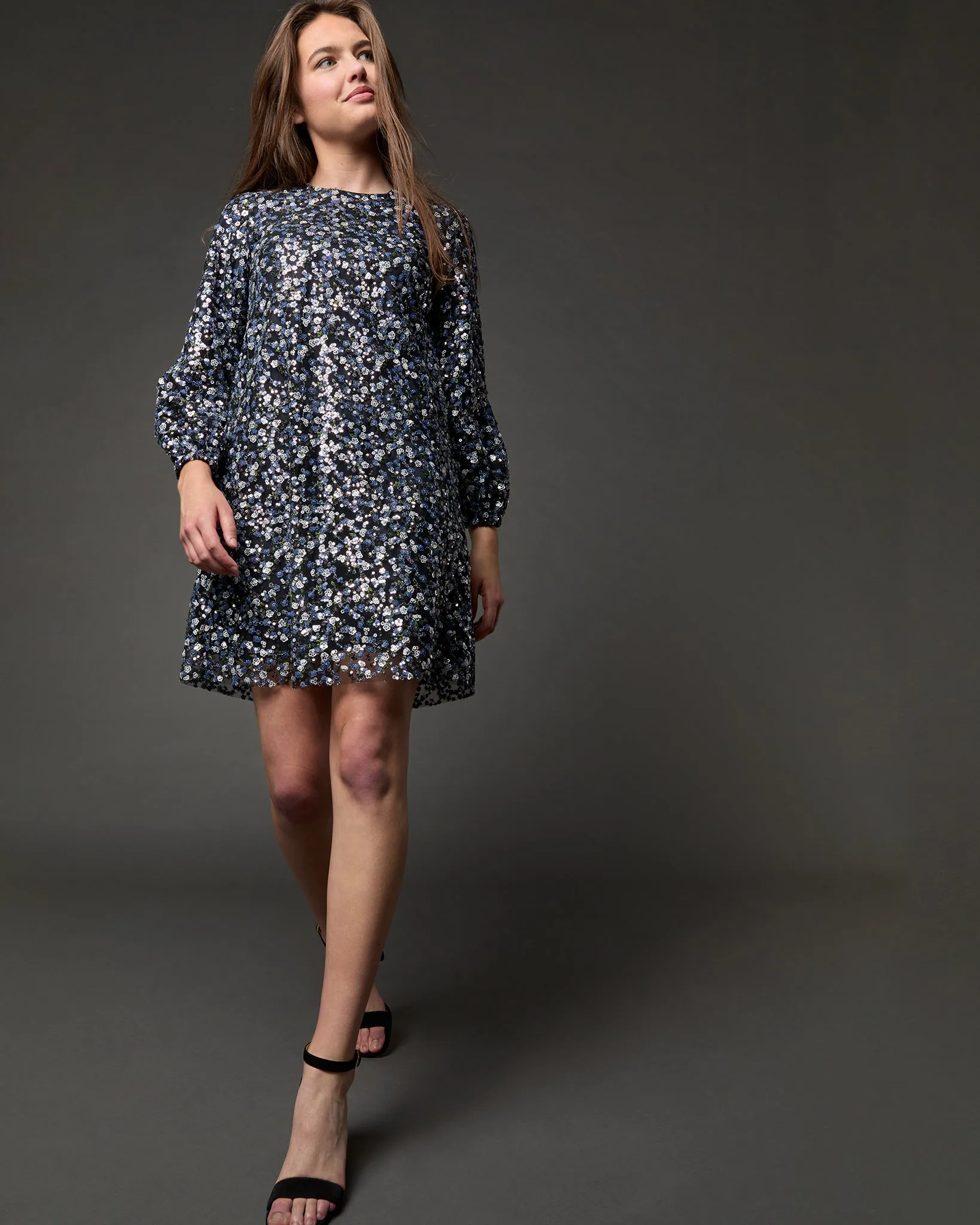 Francine Dress in Blue/Multi Sparkle Floral Embroidery