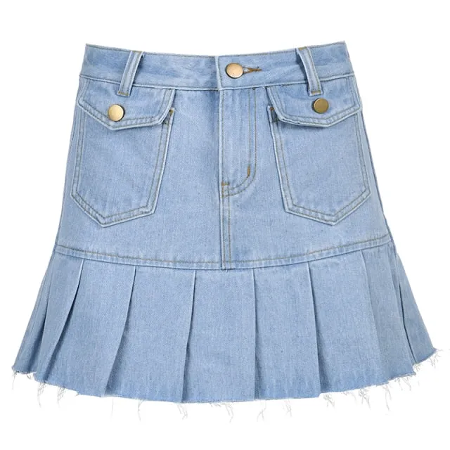 High Waisted Pleated Mini Denim Skirt | Denim Skirt for Girl | Casual Denim Skirt | Preppy Style Casual Zipper Skirts | Denim Pleated Skirts