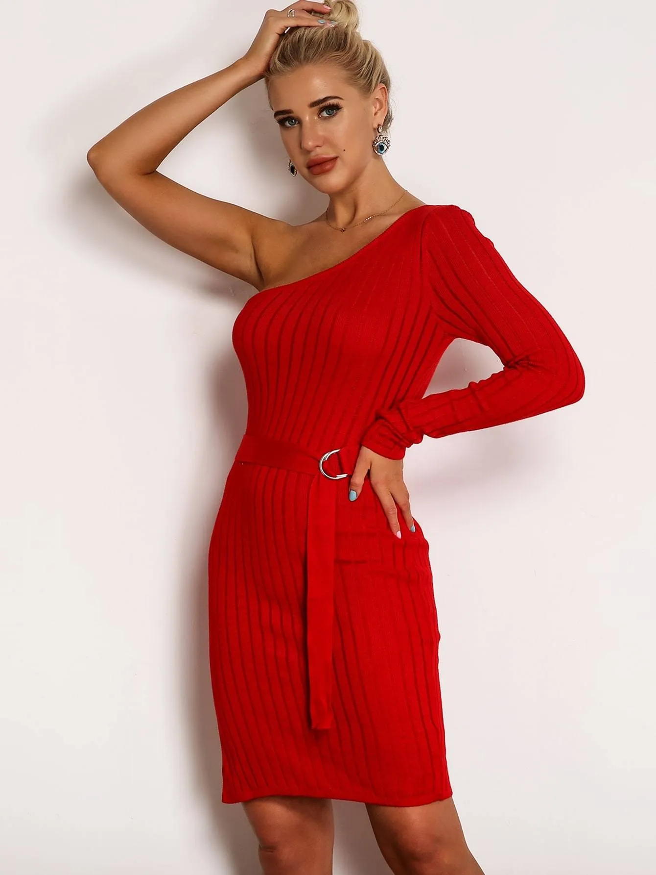 Joyfunear One Shoulder Rib-knit Belted Pencil Dress