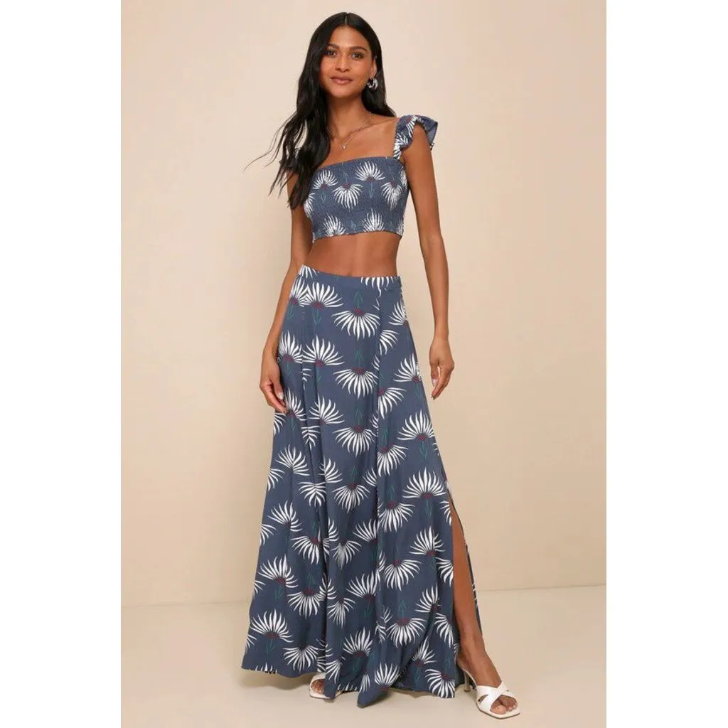 Lulus Dusty Blue Dress Floral Two-Piece Maxi Dress - Size Medium