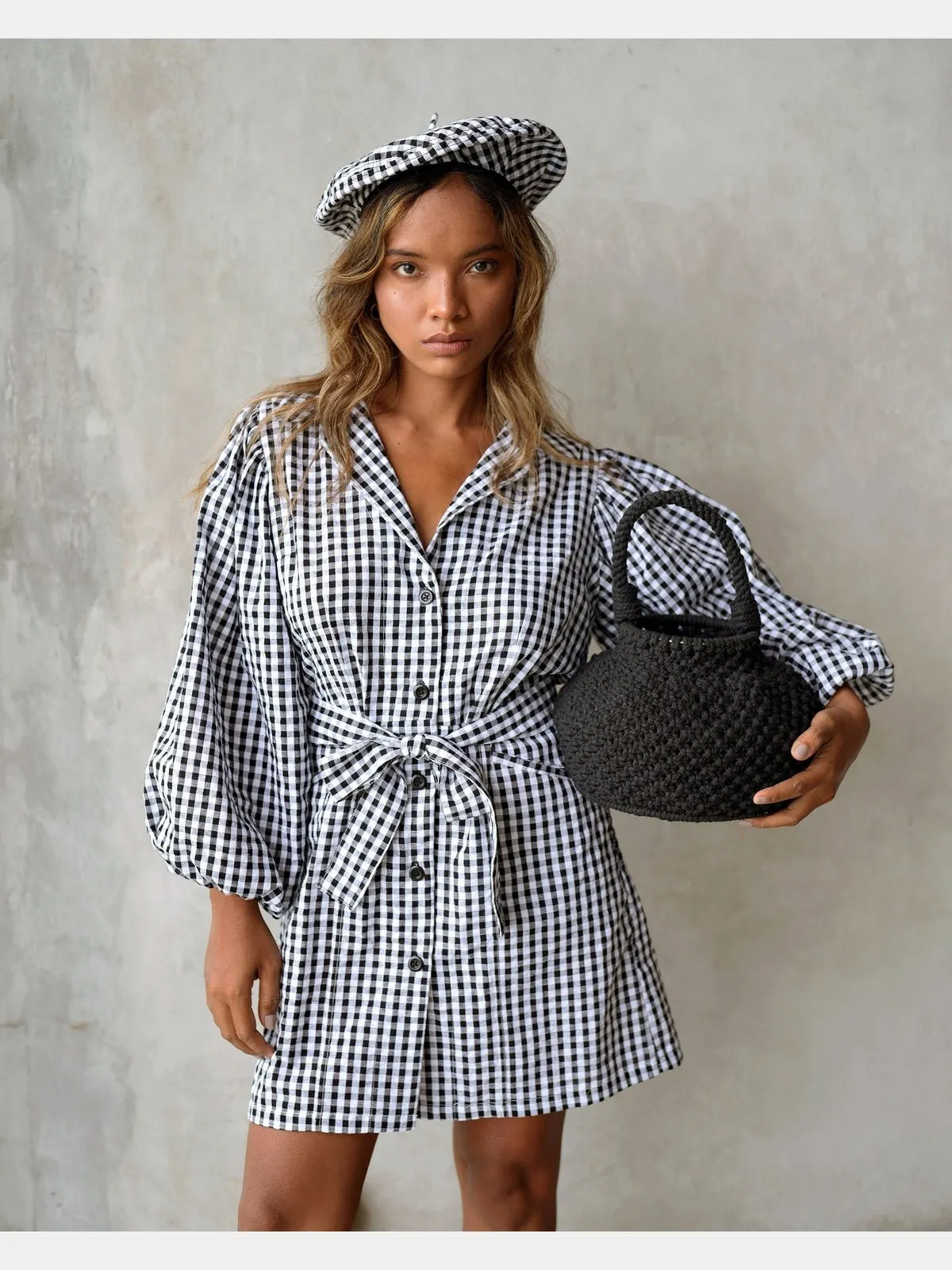 MEGHAN Mini Gingham Dress, in Black