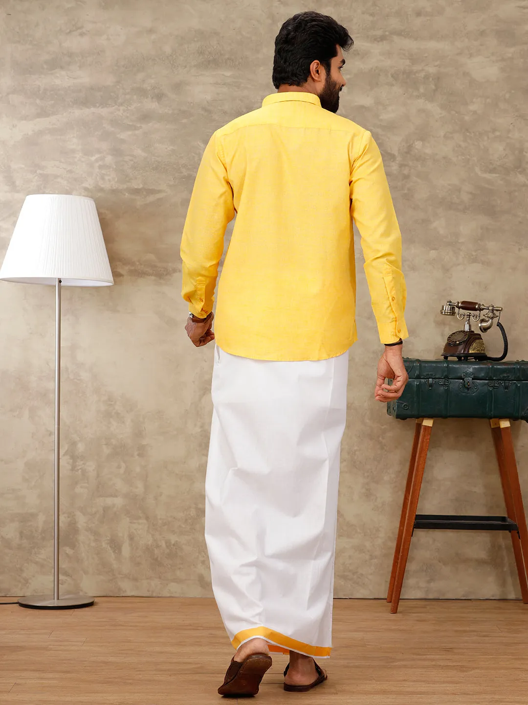 Men Matching Dhoti & Full Sleeves Shirt Set Lite Yellow CC3