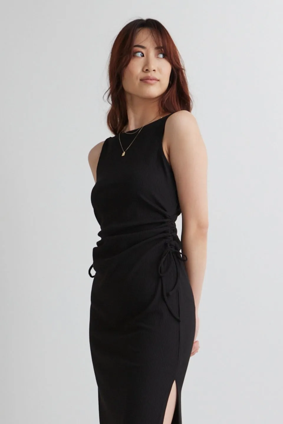 Night Out Black Rib Rouched Sleeveless Maxi Dress