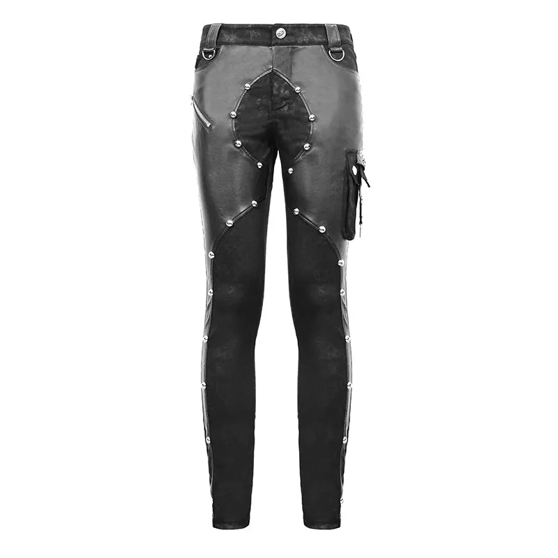 PT115 patchwork asymmetric rivet studded punk leather men trousers