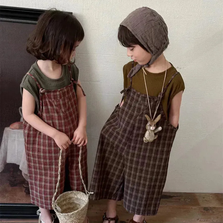 Summer Children's Plaid Overalls boy And girl Baby Unisex Mori Style Retro Jumpsuit Straight-leg Pants
