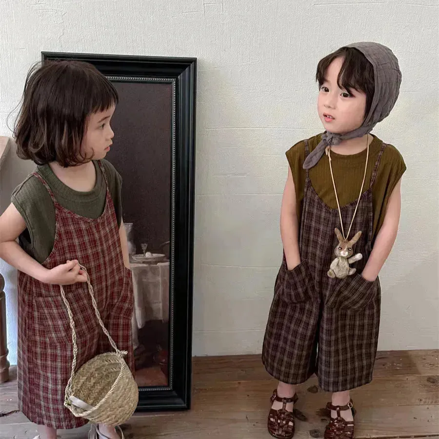 Summer Children's Plaid Overalls boy And girl Baby Unisex Mori Style Retro Jumpsuit Straight-leg Pants