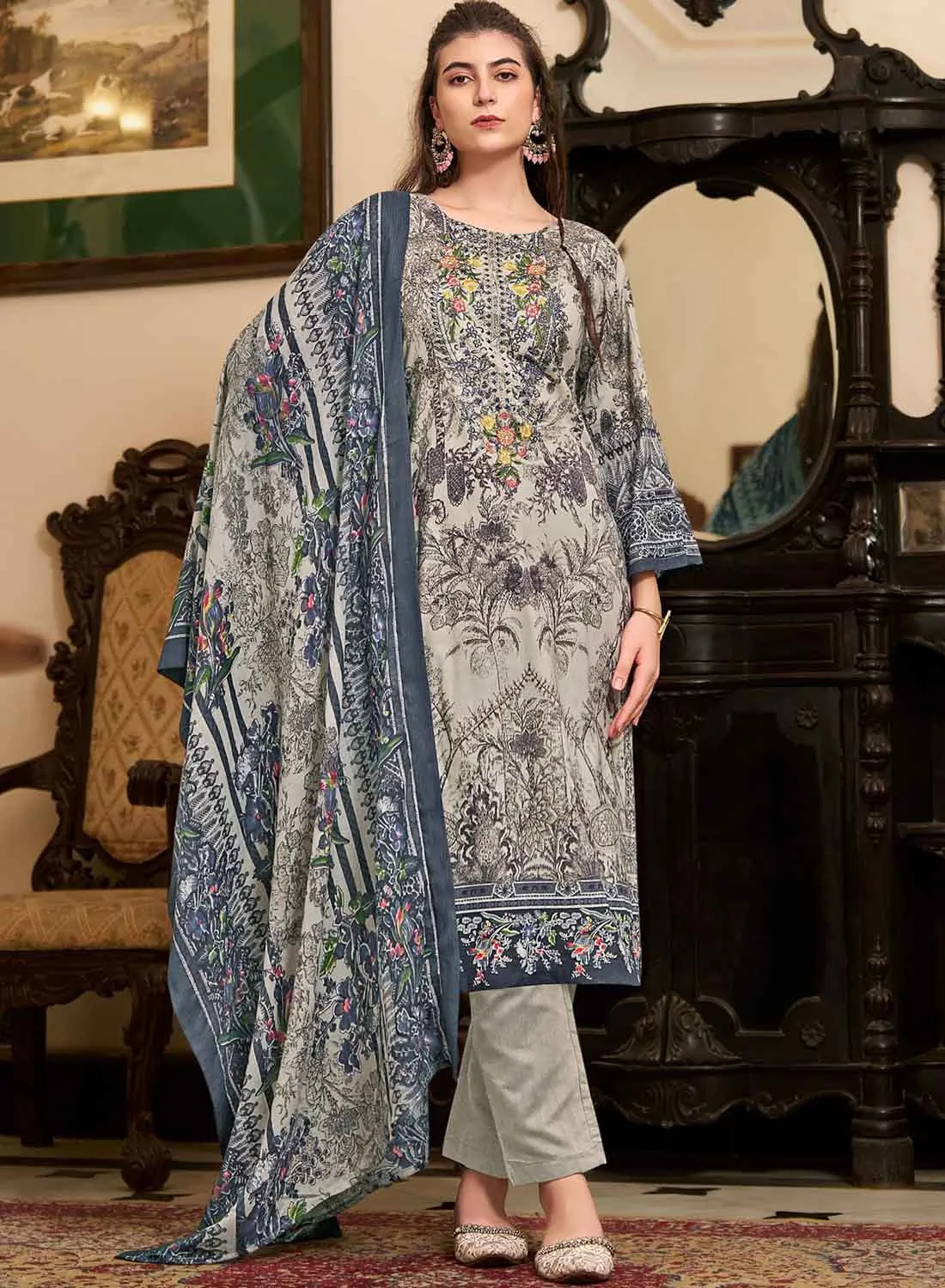 Women's Grey Pakistani Print Unstitched Cotton Suit Dress Material