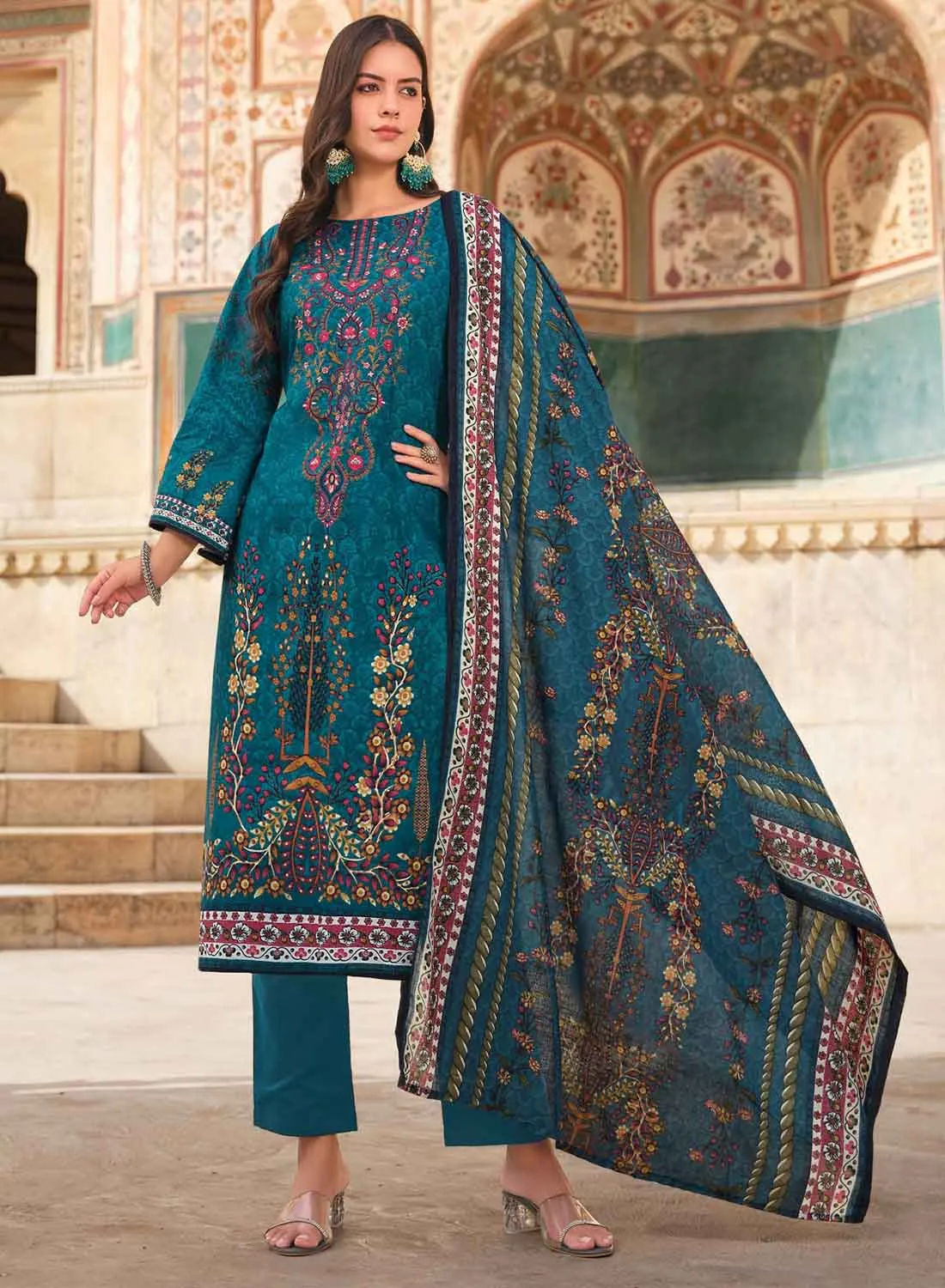 Women's Pakistani Print Unstitched Cotton Suit with Embroidery
